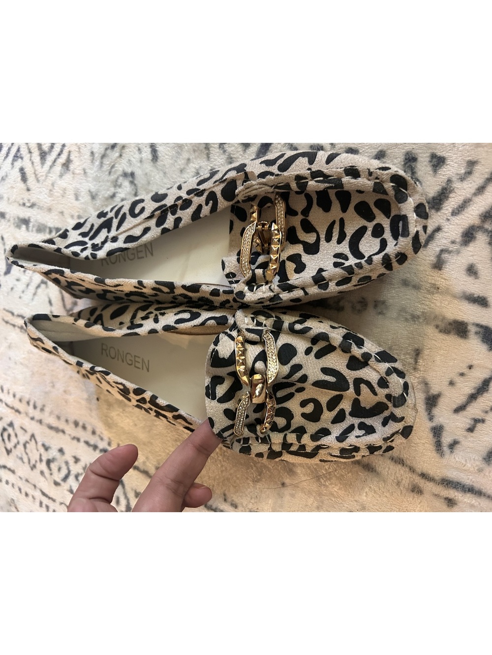 Rongen Women's Leopard Print Loafers with Gold Chain Detail - Picture 2 of 5